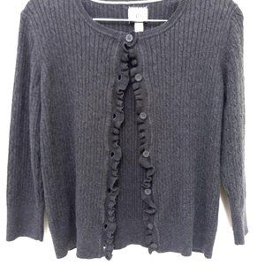 Bass Heritage Collection Dark Gray Ruffled Long Sleeve 100% Cotton Cardigan Sz M